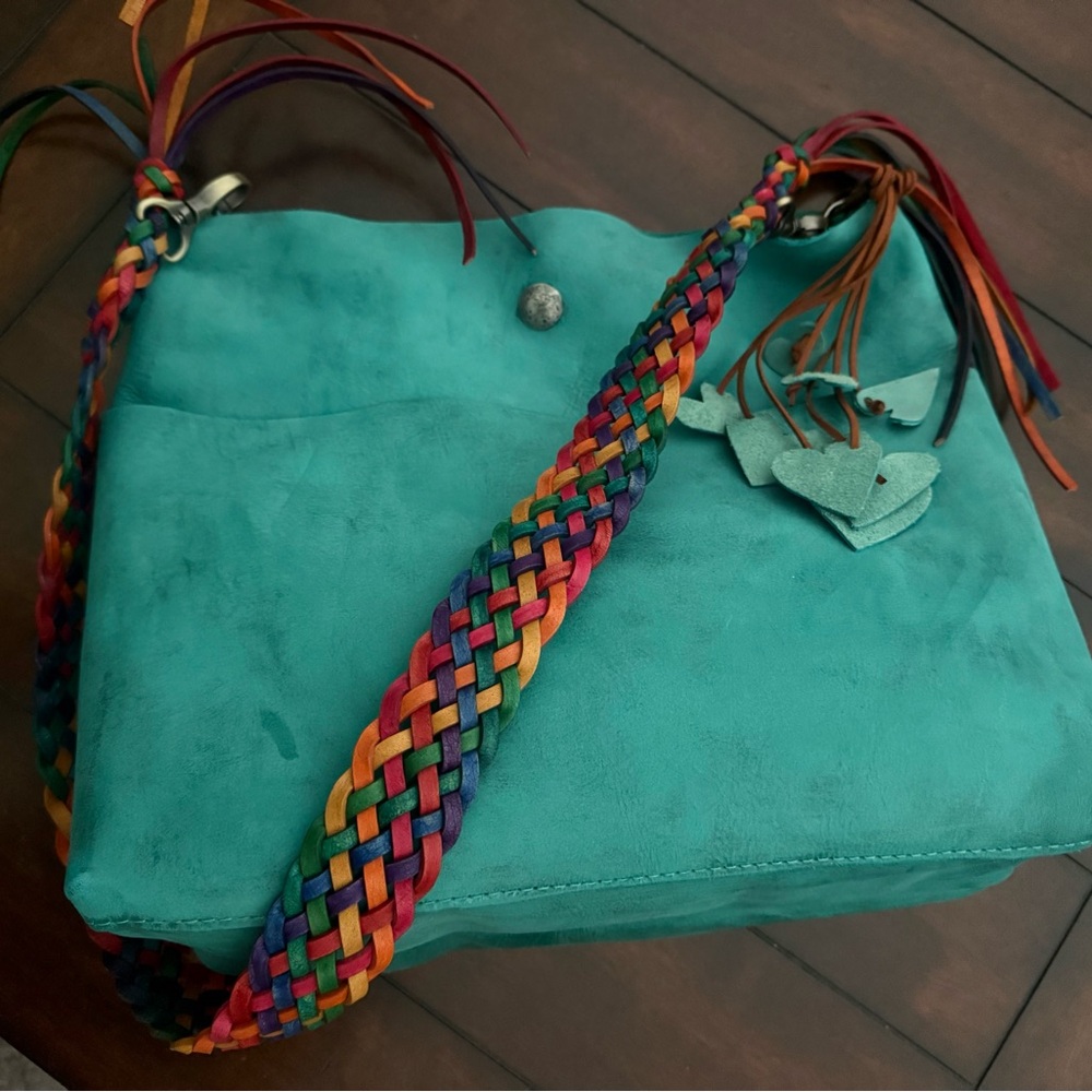 Vibrant Teal Bag from 852leathershop with Multicolor Braided Strap and hearts
